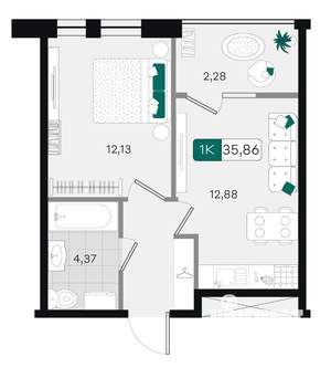 1-к квартира, вторичка, 36м2, 7/18 этаж