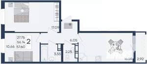 2-к квартира, вторичка, 58м2, 4/18 этаж