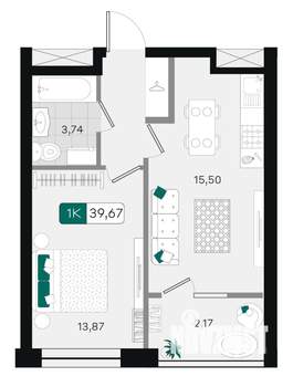1-к квартира, вторичка, 40м2, 3/9 этаж