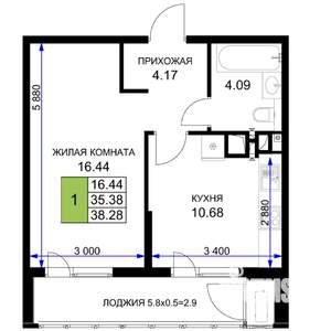 1-к квартира, строящийся дом, 38м2, 13/16 этаж