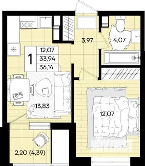 1-к квартира, вторичка, 36м2, 5/18 этаж