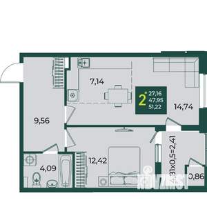 2-к квартира, вторичка, 51м2, 2/18 этаж
