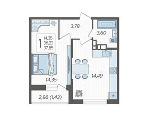 1-к квартира, вторичка, 38м2, 1/12 этаж