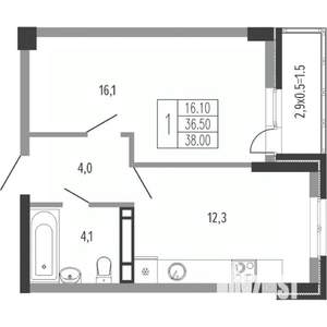 1-к квартира, вторичка, 39м2, 4/15 этаж