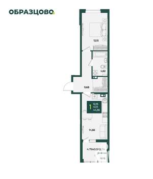 1-к квартира, строящийся дом, 44м2, 4/18 этаж