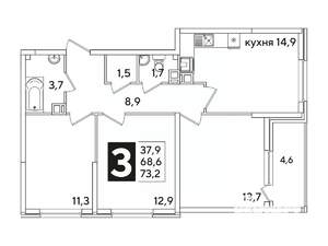 3-к квартира, вторичка, 73м2, 6/16 этаж