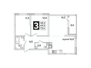 3-к квартира, вторичка, 74м2, 3/16 этаж