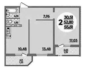 2-к квартира, вторичка, 56м2, 12/16 этаж