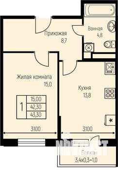 1-к квартира, строящийся дом, 43м2, 2/3 этаж