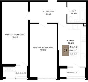 2-к квартира, вторичка, 63м2, 3/21 этаж