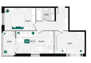 2-к квартира, вторичка, 56м2, 2/18 этаж