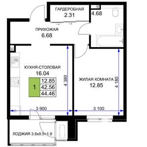 1-к квартира, вторичка, 44м2, 2/16 этаж