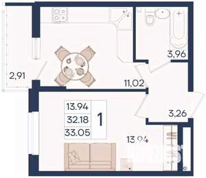 1-к квартира, вторичка, 33м2, 2/18 этаж