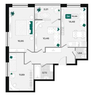 3-к квартира, вторичка, 70м2, 2/18 этаж
