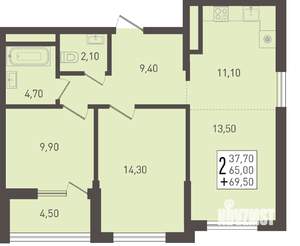 2-к квартира, строящийся дом, 70м2, 6/8 этаж