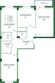 3-к квартира, сданный дом, 80м2, 2/7 этаж