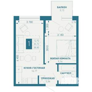 1-к квартира, строящийся дом, 39м2, 5/18 этаж