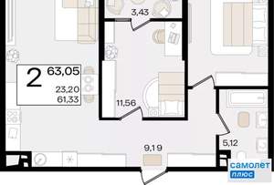 2-к квартира, вторичка, 63м2, 12/18 этаж