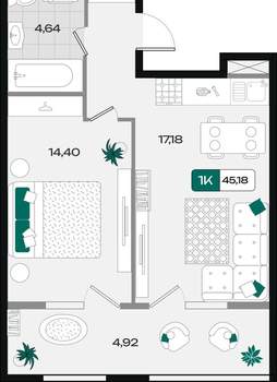 1-к квартира, вторичка, 45м2, 4/18 этаж