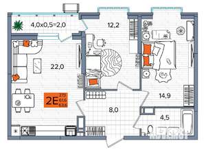 2-к квартира, сданный дом, 64м2, 16/16 этаж