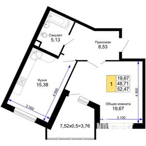 1-к квартира, строящийся дом, 52м2, 4/15 этаж