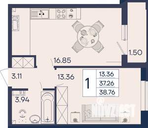 1-к квартира, вторичка, 39м2, 6/18 этаж