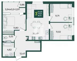 3-к квартира, сданный дом, 81м2, 11/21 этаж