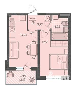 1-к квартира, вторичка, 38м2, 1/18 этаж