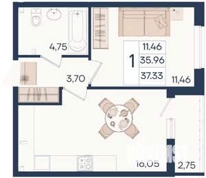 1-к квартира, вторичка, 37м2, 2/18 этаж