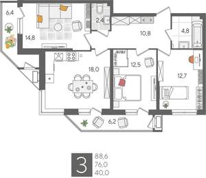 3-к квартира, строящийся дом, 89м2, 2/24 этаж