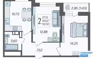 2-к квартира, вторичка, 51м2, 8/12 этаж