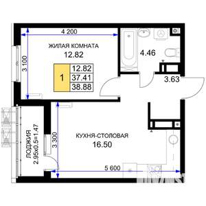 1-к квартира, строящийся дом, 39м2, 16/18 этаж