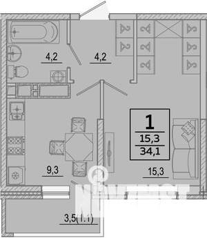1-к квартира, вторичка, 34м2, 12/24 этаж