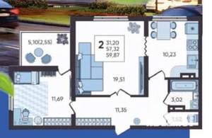 2-к квартира, вторичка, 60м2, 15/20 этаж