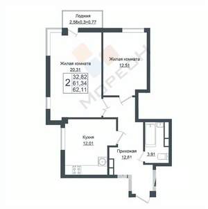 2-к квартира, вторичка, 62м2, 1/7 этаж