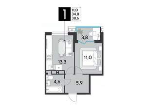 1-к квартира, вторичка, 39м2, 13/18 этаж