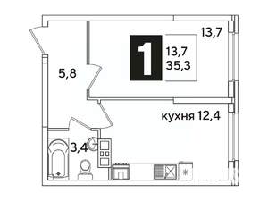 1-к квартира, вторичка, 35м2, 6/16 этаж