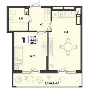 1-к квартира, строящийся дом, 36м2, 9/9 этаж