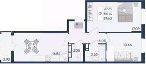2-к квартира, вторичка, 58м2, 4/18 этаж