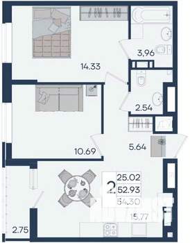2-к квартира, вторичка, 54м2, 13/18 этаж