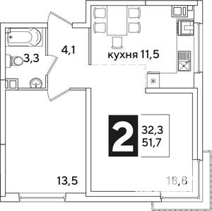 2-к квартира, строящийся дом, 52м2, 3/16 этаж