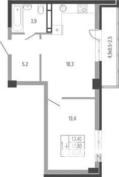 1-к квартира, вторичка, 45м2, 7/15 этаж