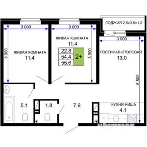 2-к квартира, строящийся дом, 56м2, 15/16 этаж