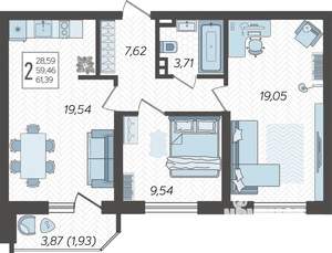 2-к квартира, строящийся дом, 63м2, 21/23 этаж