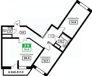 3-к квартира, сданный дом, 76м2, 4/21 этаж