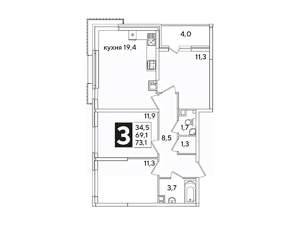 3-к квартира, вторичка, 73м2, 6/16 этаж