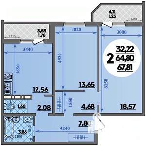 2-к квартира, строящийся дом, 68м2, 7/16 этаж