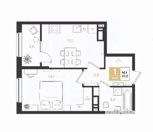 1-к квартира, вторичка, 42м2, 12/18 этаж