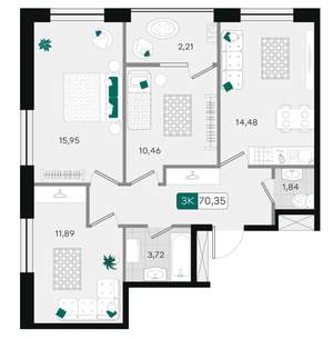 3-к квартира, вторичка, 70м2, 2/18 этаж