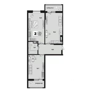 2-к квартира, строящийся дом, 64м2, 2/9 этаж